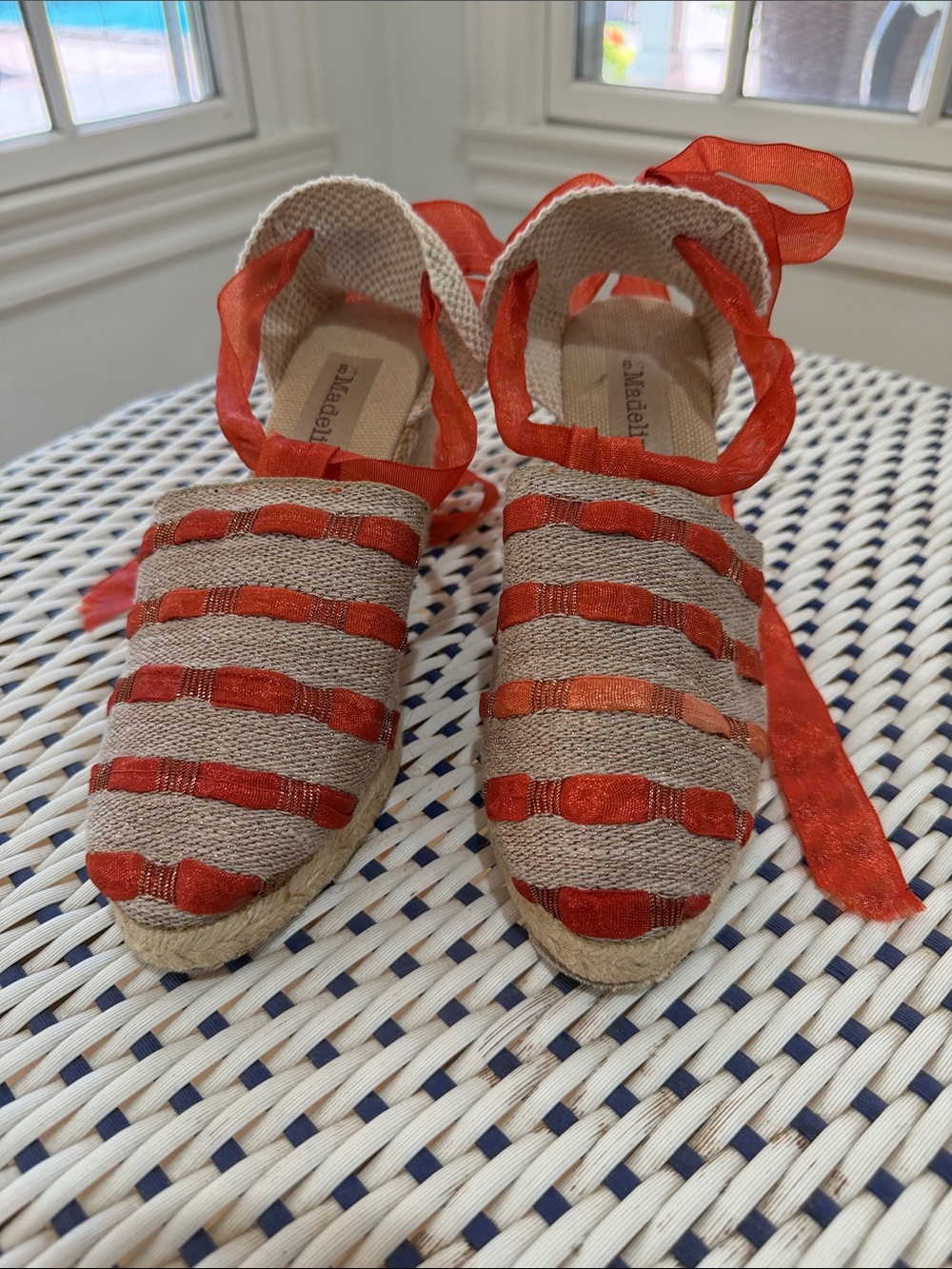 Madeline Beige Espadrille Flats with Red Ribbon Straps
